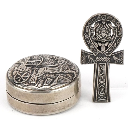 1757 - Egyptian silver Relic tie clip and circular silver pillbox, the largest 4.5cm in length, total 39.8g