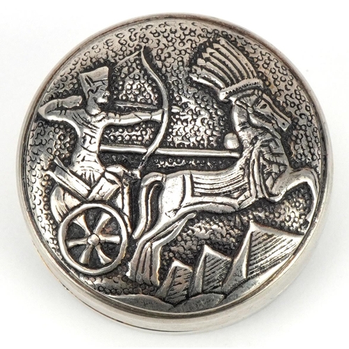 1757 - Egyptian silver Relic tie clip and circular silver pillbox, the largest 4.5cm in length, total 39.8g