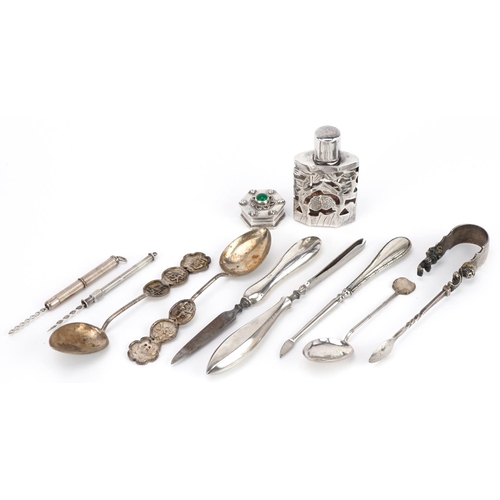 358 - Silver and white metal objects including silver overlaid glass scent bottle, two silver propelling t... 