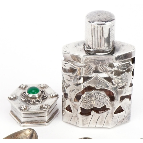 358 - Silver and white metal objects including silver overlaid glass scent bottle, two silver propelling t... 