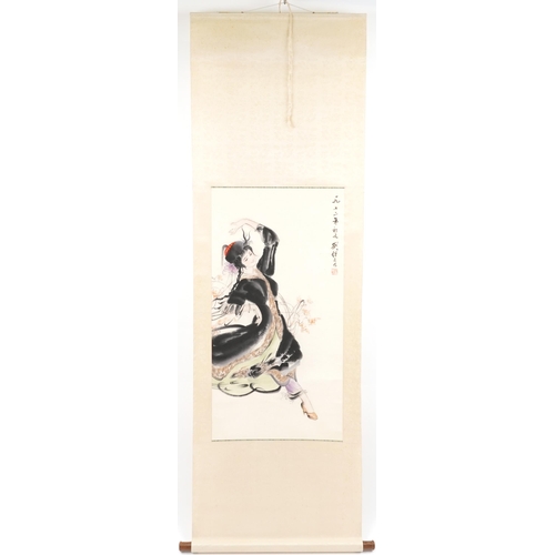 1517 - Asian dancer, Chinese ink and watercolour scroll signed with red seal marks and calligraphy, 98cm x ... 