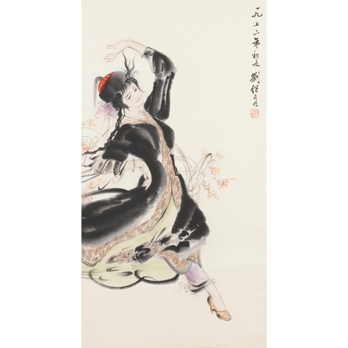 1517 - Asian dancer, Chinese ink and watercolour scroll signed with red seal marks and calligraphy, 98cm x ... 