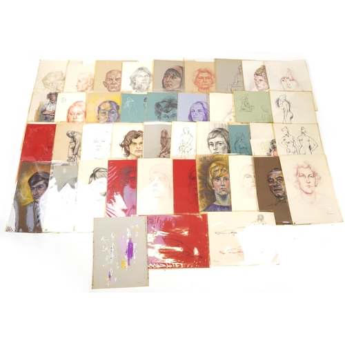 1365 - E P Clapholt -  1960 and later watercolour and crayon portraits arranged in a folio, each unframed, ... 