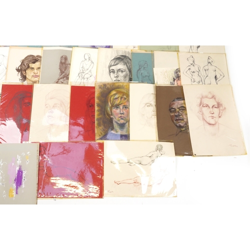 1365 - E P Clapholt -  1960 and later watercolour and crayon portraits arranged in a folio, each unframed, ... 