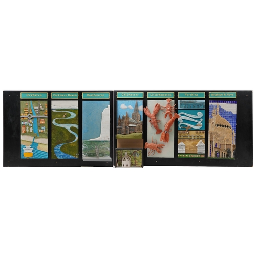 1836 - Rectangular contemporary mural wall plaque hand painted mixed media and tile four section panel of C... 