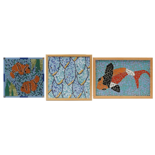 1846 - Three contemporary mosaic ceramic plaques of fish, one framed created by visually impaired ex-servic... 