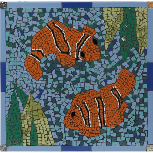 1846 - Three contemporary mosaic ceramic plaques of fish, one framed created by visually impaired ex-servic... 