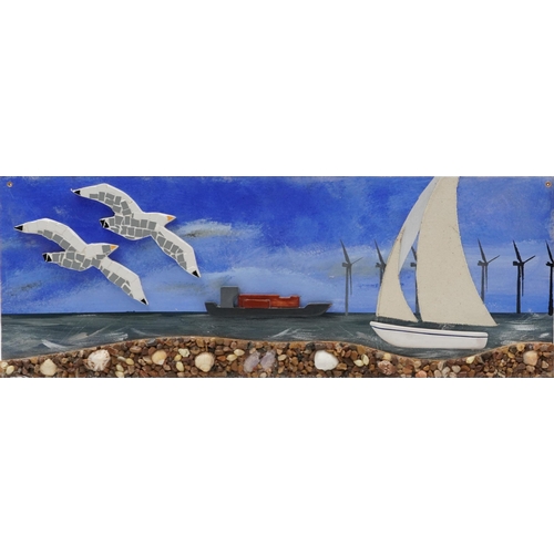 1841 - Set of four contemporary mixed media and relief wall plaques outlooking Brighton Beach with wind tur... 