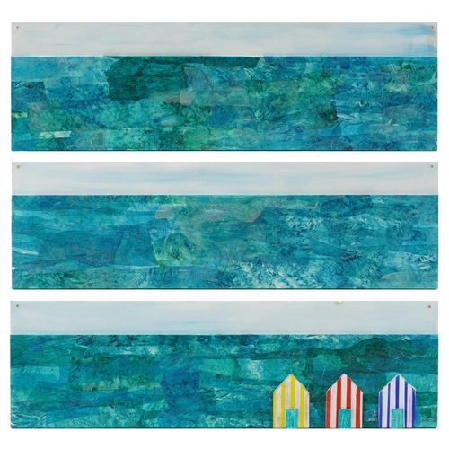 1839 - Four contemporary mixed media four section wall panel of the seafront with beach huts, made by visua... 