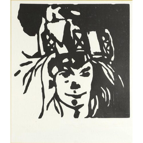 3134 - Philip Sutton RA- The Artist's Wife Wearing a Fijian headdress, pencil signed woodcut print inscribe... 