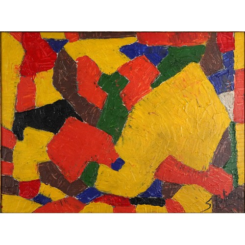 3117 - Abstract composition, geometric shapes, Russian school impasto oil on canvas, mounted and framed, 85... 