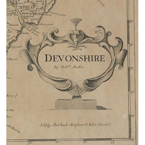 3152 - Antique hand coloured map of Devonshire by Robert Morden, sold by Abet Swale Awnsham & John Churchil... 