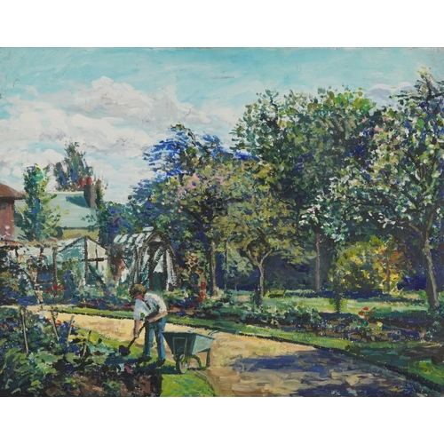 3109 - Garden landscape with gardener and wheelbarrow, Pointillist oil on board, framed, 76cm x 62cm exclud... 