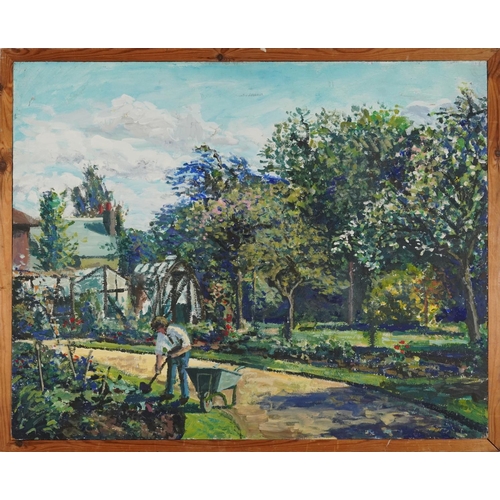 3109 - Garden landscape with gardener and wheelbarrow, Pointillist oil on board, framed, 76cm x 62cm exclud... 