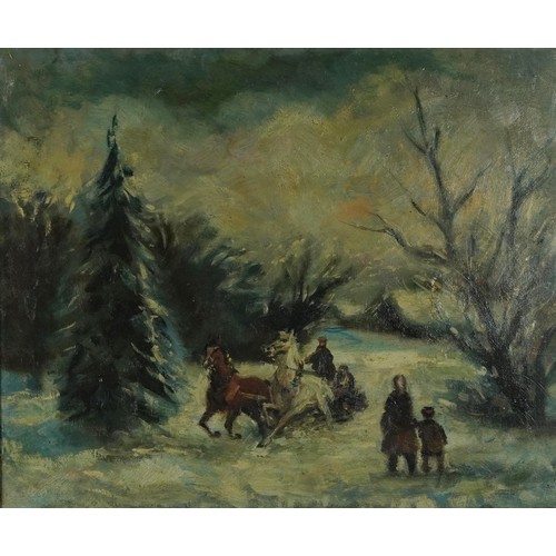 3064 - Cossacks and horses in a winter landscape, Russian school oil on canvas, The Rowley Gallery label an... 