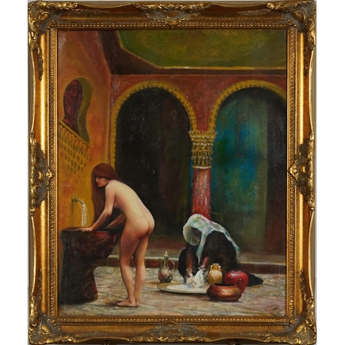 3107 - Nude female in an interior with a kneeling figure, Orientalist oil on canvas, mounted and framed, 49... 