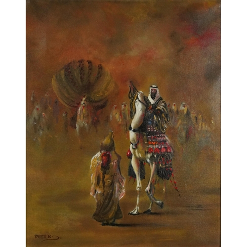 3209 - Thaer '90 - Camels and figures, Orientalist oil on canvas, mounted and framed, 49cm x 39cm excluding... 