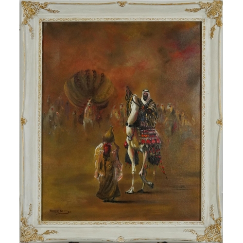 3209 - Thaer '90 - Camels and figures, Orientalist oil on canvas, mounted and framed, 49cm x 39cm excluding... 