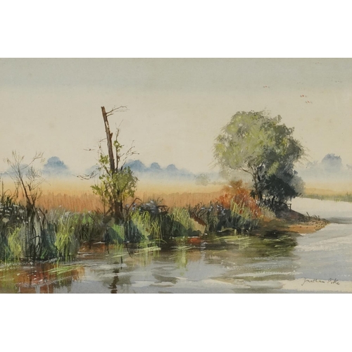 3255 - Jonathan Pike - Fetcham, River Mole, watercolour, Century Galleries label verso, mounted, framed and... 