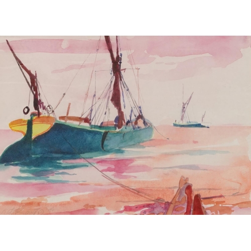 3199 - Noel Bensted '94 - Moored fishing boats, watercolour, label verso, mounted, framed and glazed, 30cm ... 