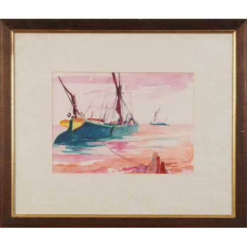 3199 - Noel Bensted '94 - Moored fishing boats, watercolour, label verso, mounted, framed and glazed, 30cm ... 