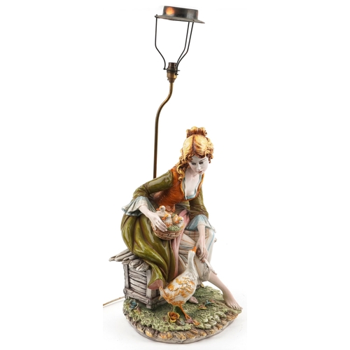 1331 - D Polo Uiato for Capodimonte, large ceramic goose girl table lamp, 55cm high excluding the fitting