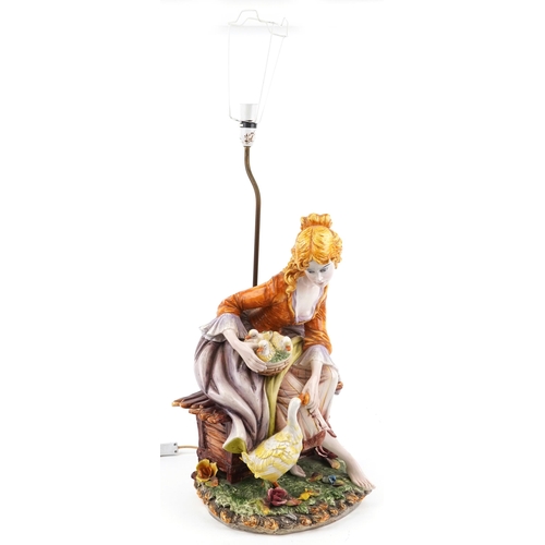 1332 - D Polo Uiato for Capodimonte, large ceramic goose girl table lamp, 55cm high excluding the fitting