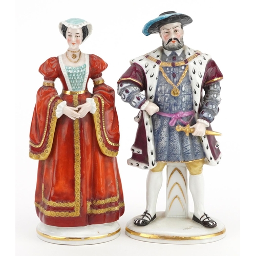 1741 - Pair of Chelsea style porcelain figures of Henry VIII and Anne of Cleves, the largest 21cm high