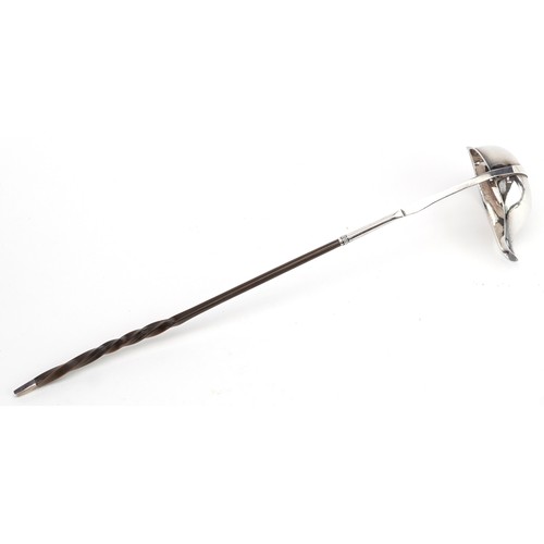 387 - Georgian silver ladle with twisted horn handle, incomplete hallmarks, D H & Co maker's mark, 33cm in... 