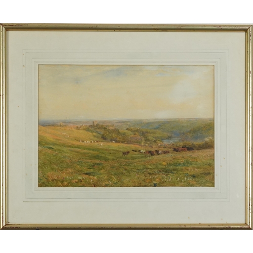 3260 - Panoramic landscape with cattle, watercolour, mounted, framed and glazed, 35cm x 25cm excluding the ... 