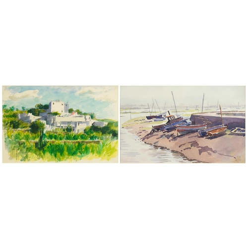 3258 - Beached fishing boats and continental villa, two watercolours including one by Peter Robson, each mo... 