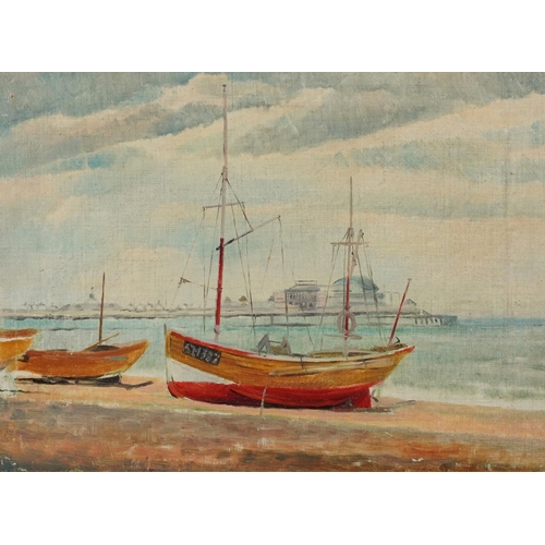 3245 - Still life, moored fishing boats and landscapes, seven mixed medias including an oil on canvas and t... 