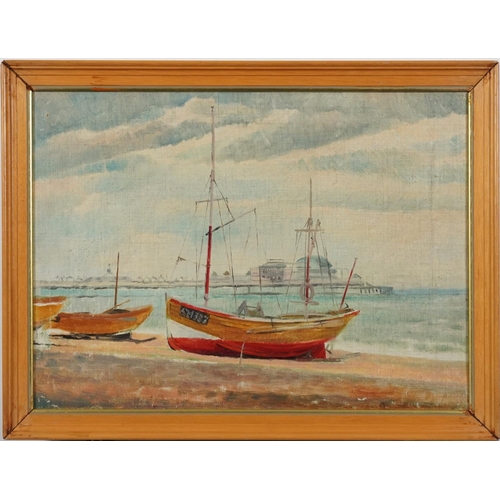 3245 - Still life, moored fishing boats and landscapes, seven mixed medias including an oil on canvas and t... 