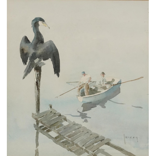 3192 - Heron before figures in a rowing boat, watercolour, indistinctly signed, possibly Liocey, mounted, f... 