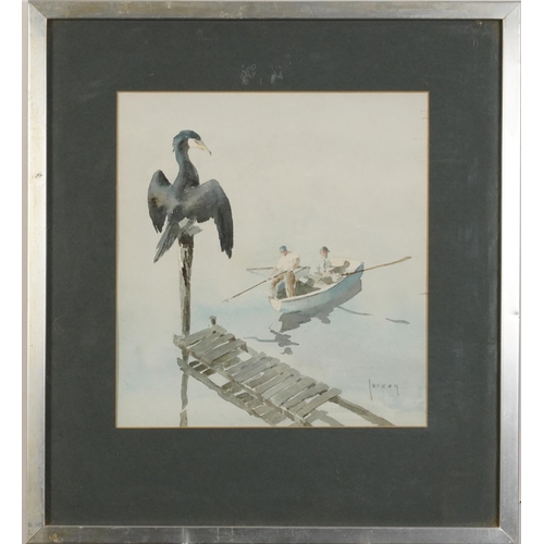 3192 - Heron before figures in a rowing boat, watercolour, indistinctly signed, possibly Liocey, mounted, f... 