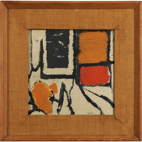 3197 - Manner of William Gear - Abstract composition, geometric shapes, oil on board, mounted and framed, 2... 