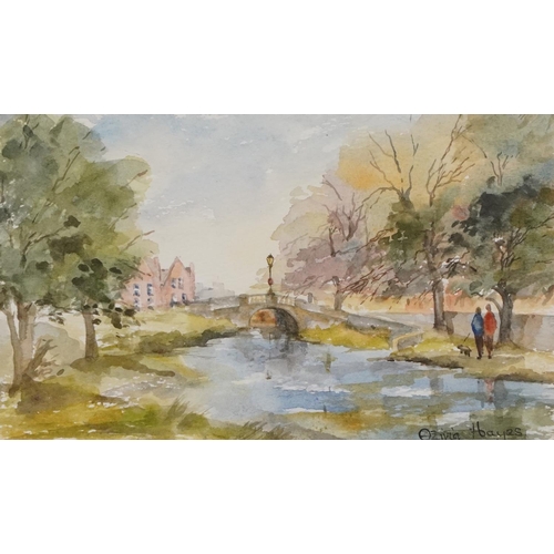 3184 - Olivia Hayes - River landscape with bridge, watercolour, indistinctly inscribed verso, possibly Hell... 