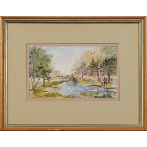 3184 - Olivia Hayes - River landscape with bridge, watercolour, indistinctly inscribed verso, possibly Hell... 