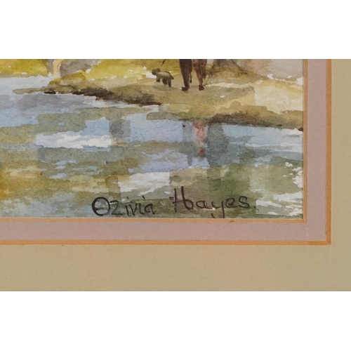 3184 - Olivia Hayes - River landscape with bridge, watercolour, indistinctly inscribed verso, possibly Hell... 