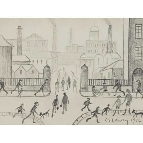 3076 - Manner of Laurence Stephen Lowry - Industrial scene with figures, Manchester school pencil, mounted,... 