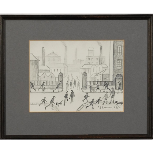 3076 - Manner of Laurence Stephen Lowry - Industrial scene with figures, Manchester school pencil, mounted,... 