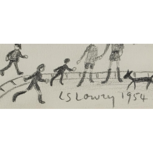 3076 - Manner of Laurence Stephen Lowry - Industrial scene with figures, Manchester school pencil, mounted,... 