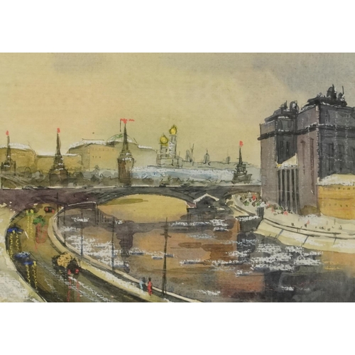 3078 - River landscape with buildings, Moscow, heightened Russian mixed media, inscribed to the mount in Cy... 