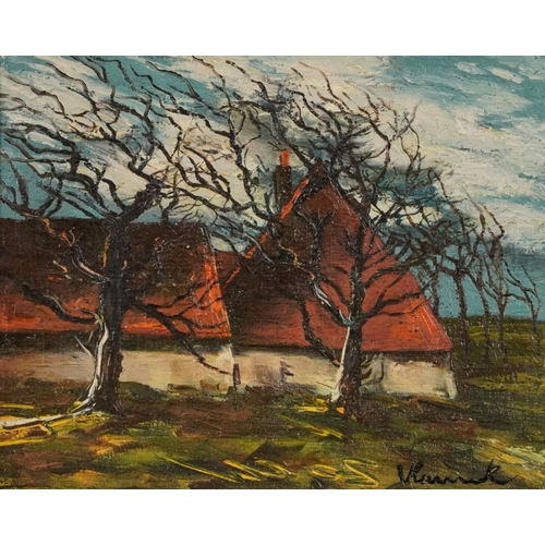 3017 - Manner of Maurice Vlaminck - Rustic landscape with windswept trees, oil on canvas board, mounted and... 