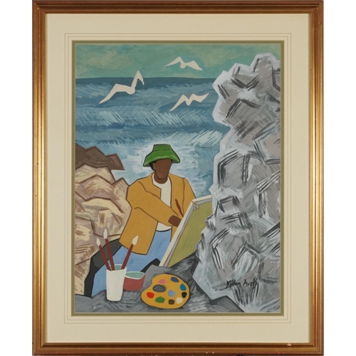 3200 - After Milton Avery - Artist by the Sea, American school gouache on paper, mounted, framed and glazed... 