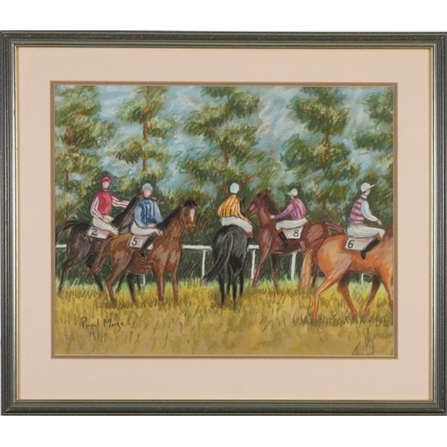 3190 - Circle of Paul Maze - Jockeys on horseback, horseracing interest pastel on paper, mounted, framed an... 