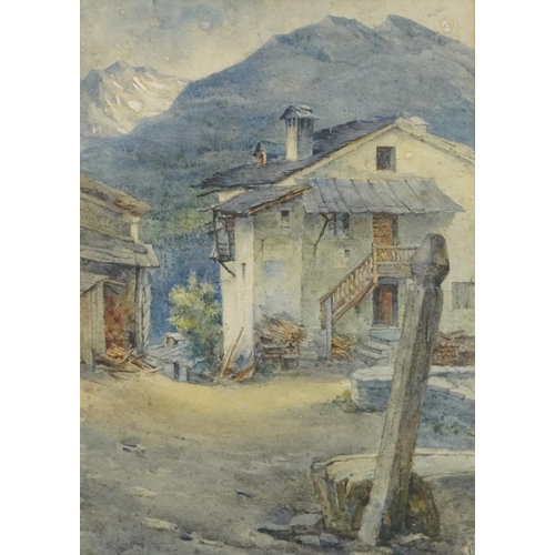 3189 - Continental village with mountains, 19th century watercolour, label inscribed George Ward verso, mou... 