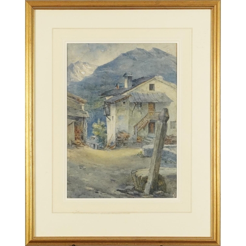 3189 - Continental village with mountains, 19th century watercolour, label inscribed George Ward verso, mou... 