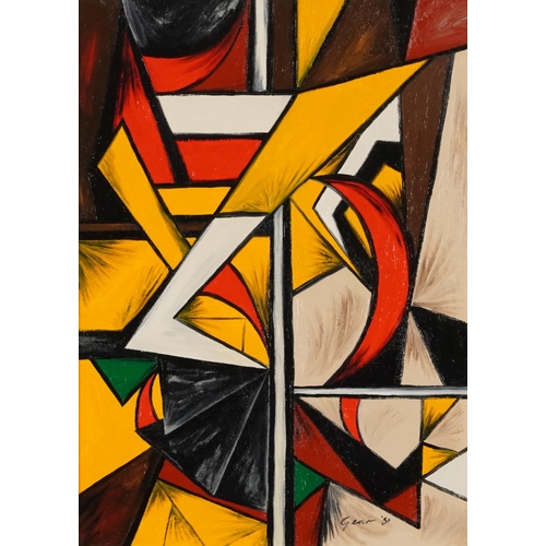 3188 - Circle of William Gear - Abstract composition, oil on Masonite, framed, 47cm x 34cm excluding the fr... 