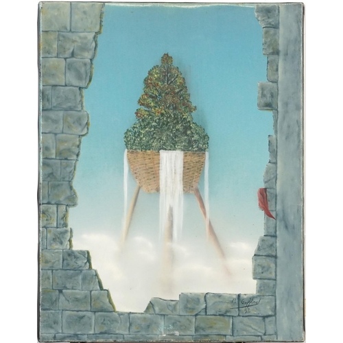 3181 - Patrice Goffinet - L'Eclen, surreal oil on canvas, unframed, 35cm x 27cm